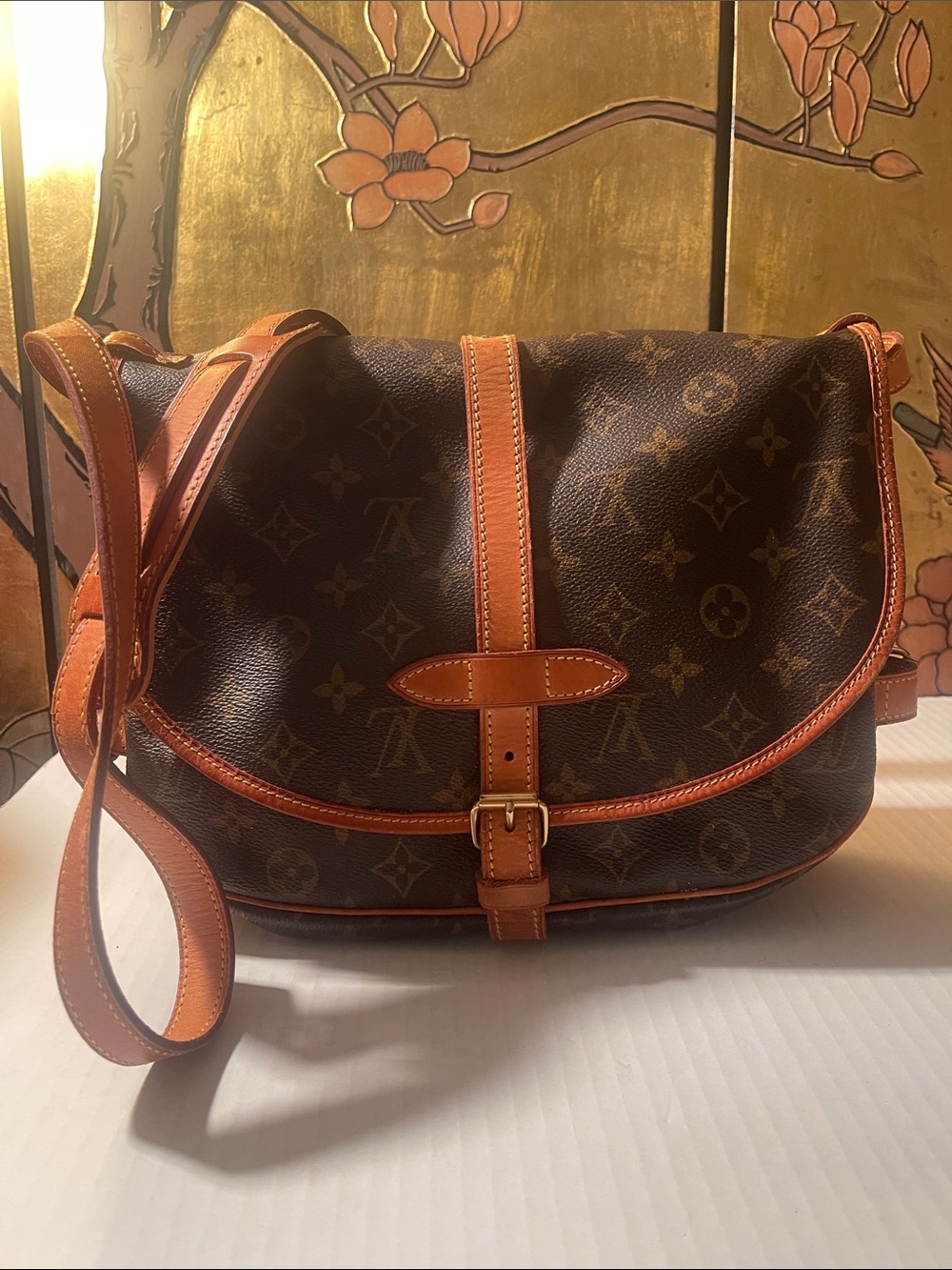 Louis Vuitton Brown Monogram Canvas Crossbody with Tan Leather Strap